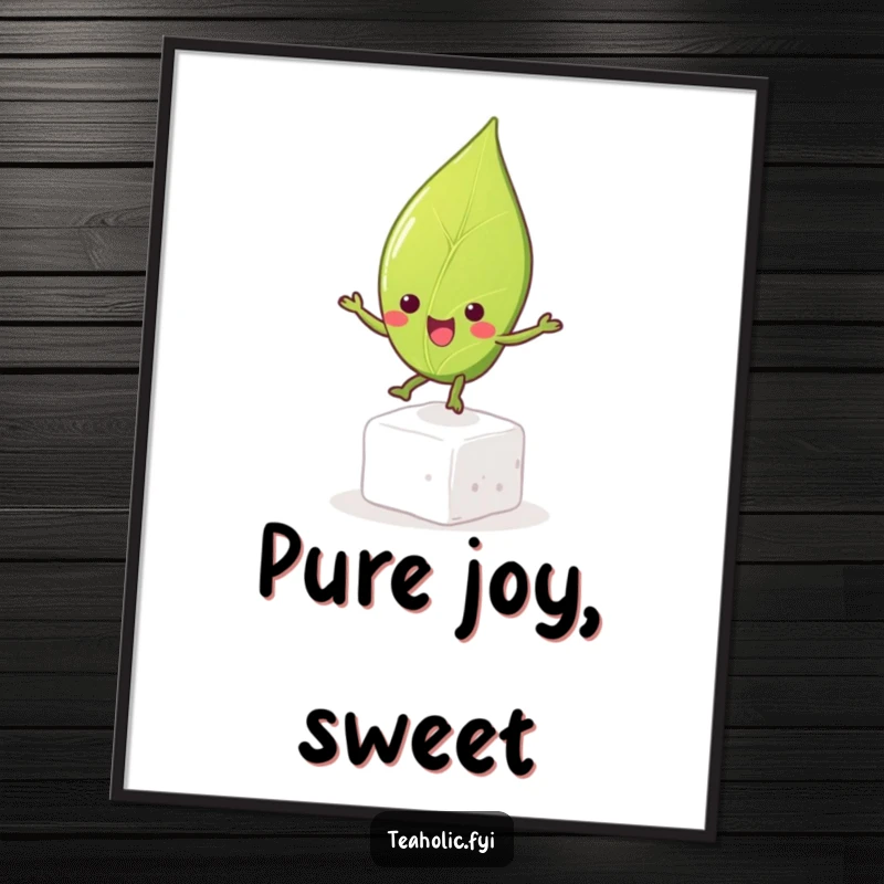 Funny tea leaf character bouncing energetically on a sugar cube, digital art print, capturing a moment of pure bliss and sweetness.
