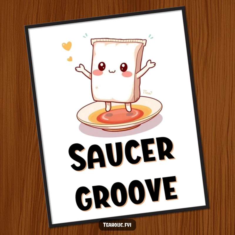 Funny kawaii tea bag character happily dancing on a saucer, instant cute and funny digital art.