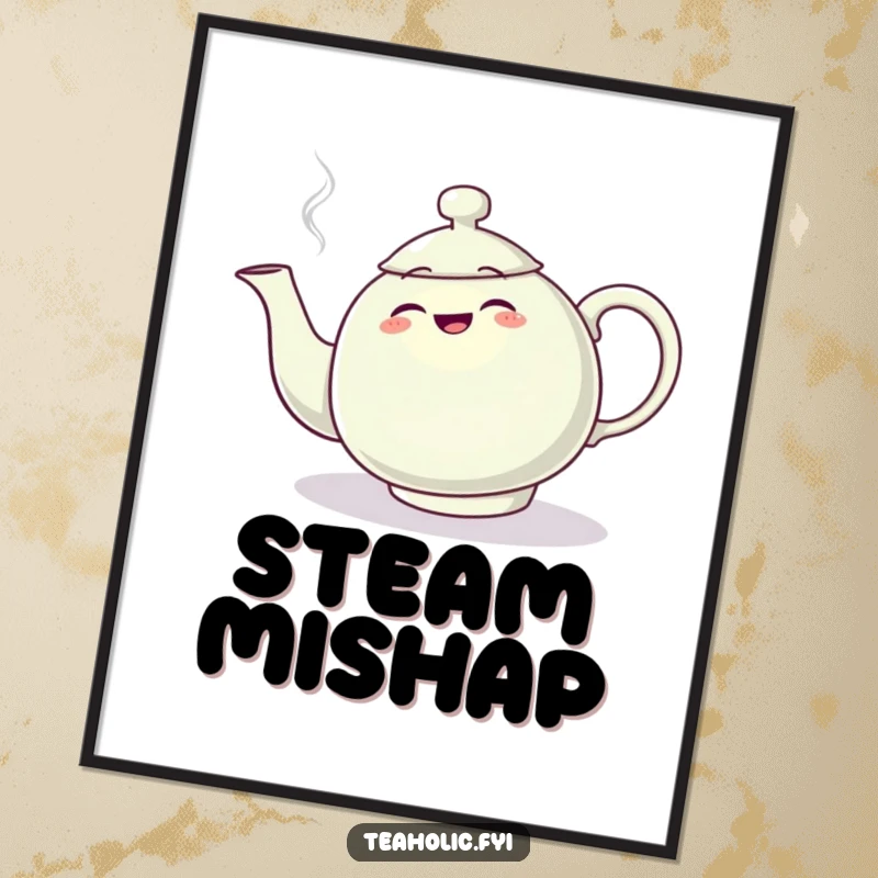 Funny digital art print of a teapot character comically tripping over its steam plume, ideal for humorous home decor.