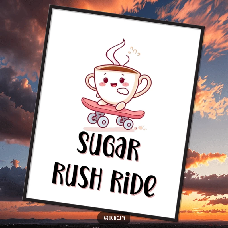 Funny digital art print of a steaming teacup character joyfully skateboarding on a sugar cube, ideal for humorous home decor.