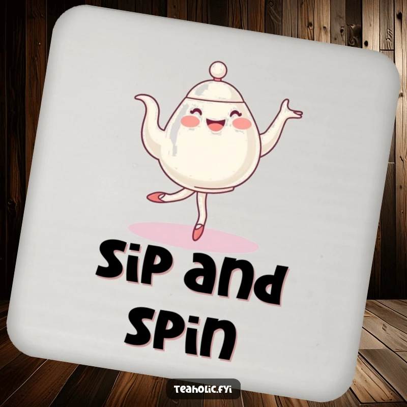 Funny ballet teapot coaster set, cheerful characters doing graceful pirouettes, protecting surfaces with artistic and humorous flair.