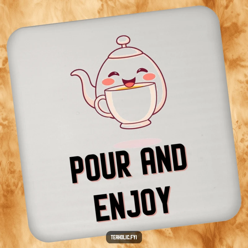 Funny cheerful teapot character joyfully pouring tea into a hovering mug, printed on a protective drink coaster.