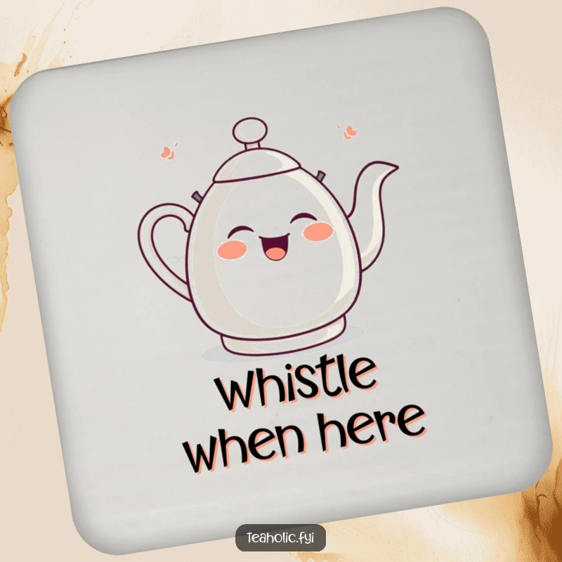 Funny tea kettle drink coaster featuring a giggling kettle whistling with pure delight, protecting surfaces with charm.