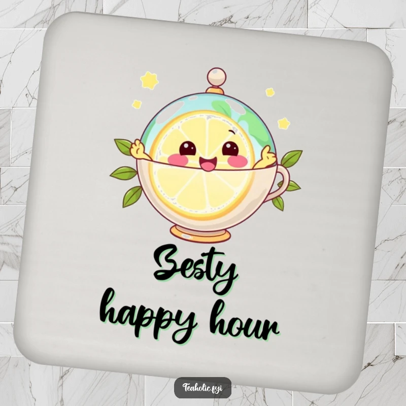 Funny drink coaster with a joyful lemon slice character zipping around a teacup globe, protecting surfaces with zest.