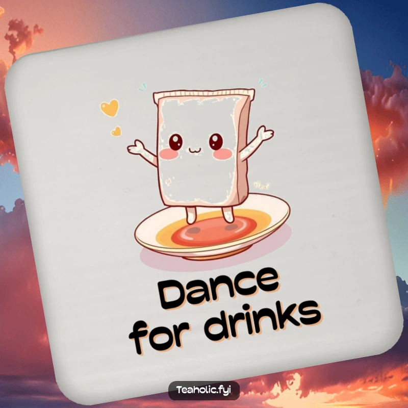 Funny kawaii tea bag character happily dancing on a saucer, a humorous and protective drink coaster.