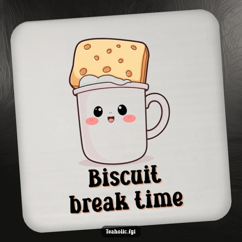 Funny drink coaster showing a mug character humorously wearing a biscuit hat, protecting furniture with charm and wit.