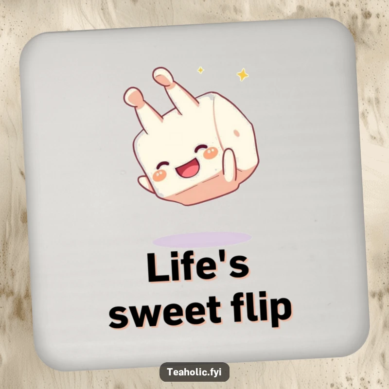 Funny sugar cube somersault coaster set, giggling characters performing joyful flips, protecting surfaces with sweet and humorous art.