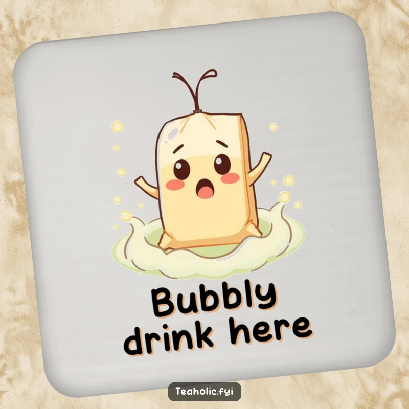Funny surprised teabag character comically floating on a bubbly tea sea, printed on a protective drink coaster.