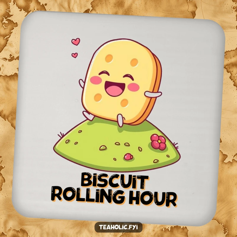 Funny Tea Biscuit Coasters featuring laughing tea biscuit characters rolling down hills, adding charm and humor to tables.