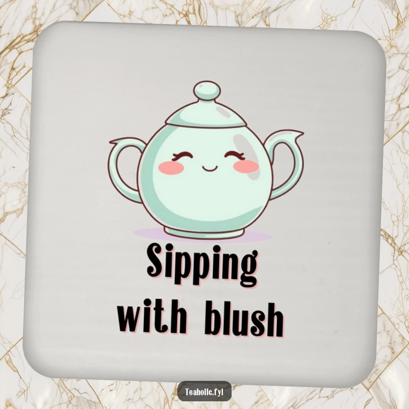 Funny coaster with a shy teapot character blushing, perfect for adding bashful charm to table settings.