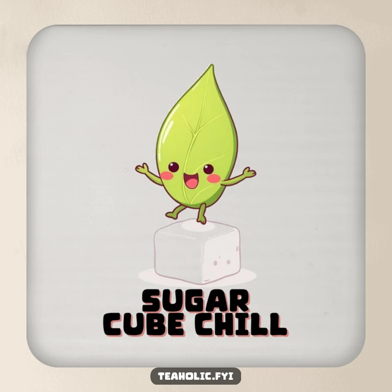 Funny tea leaf character happily bouncing on a sugar cube, designed for a drink coaster, adding cheer to any beverage.