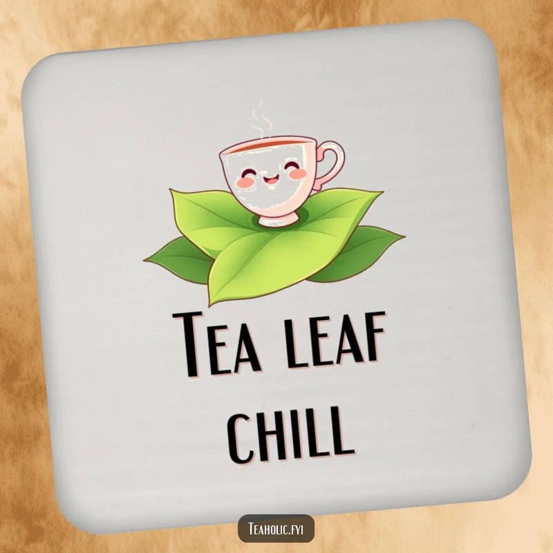 Funny teacup character joyfully floating on a giant tea leaf, a humorous and protective drink coaster.