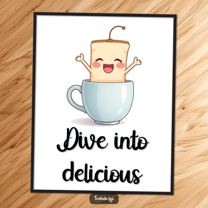 Funny tea bag jump poster, a delighted character energetically leaping into a mug, vibrant and humorous wall art for tea enthusiasts.