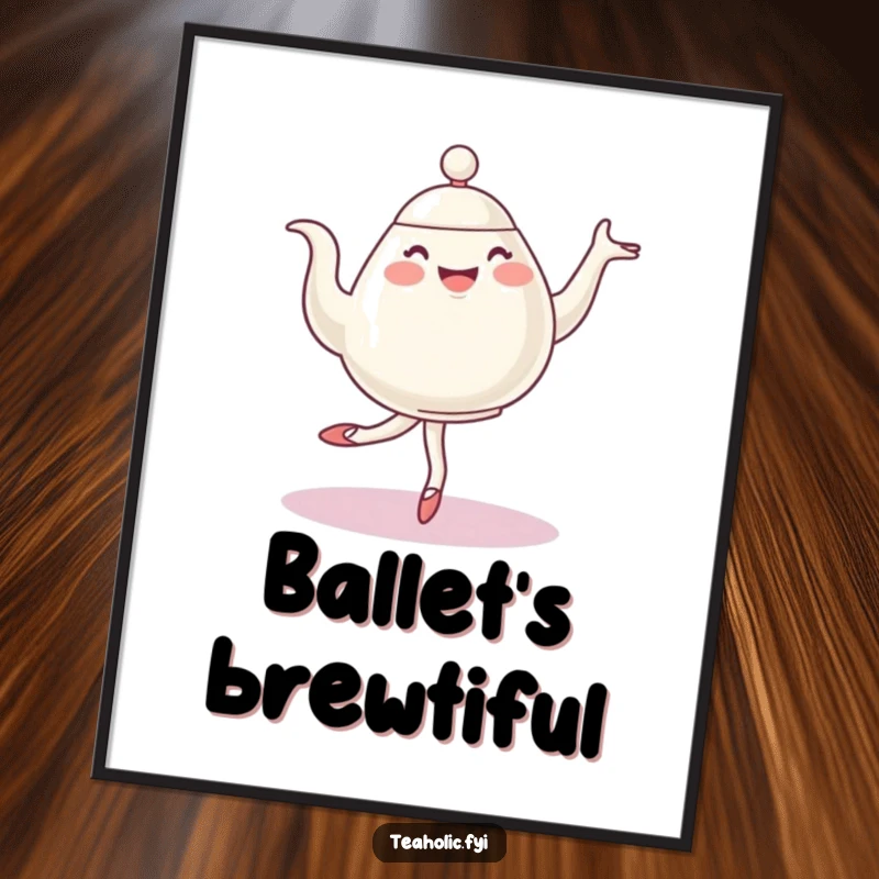 Funny ballet teapot poster, a cheerful character captured mid-pirouette, elegant dance art for a humorous and decorative touch.