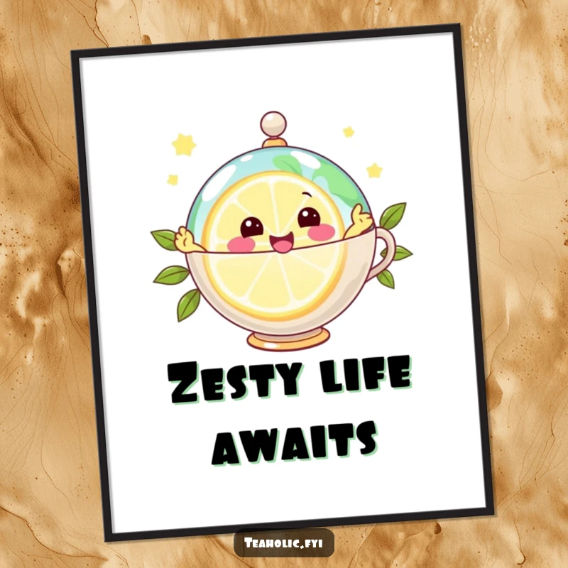 Funny poster art of a joyful lemon slice character zipping around a teacup globe, bringing zest and vibrant energy.