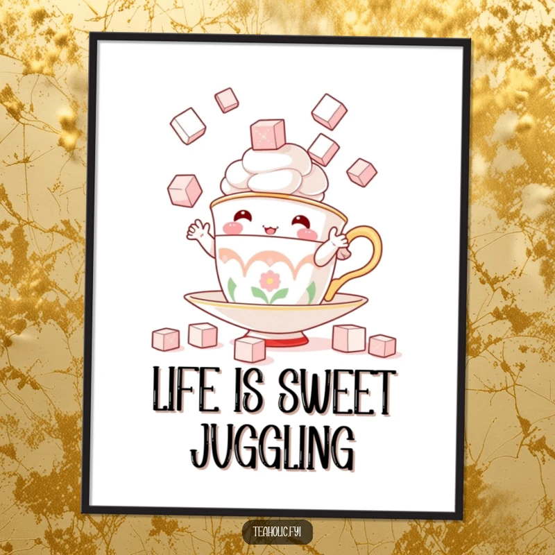 Funny poster showcasing a whimsical teacup character skillfully juggling sugar cubes, bringing playful sweetness to any room.