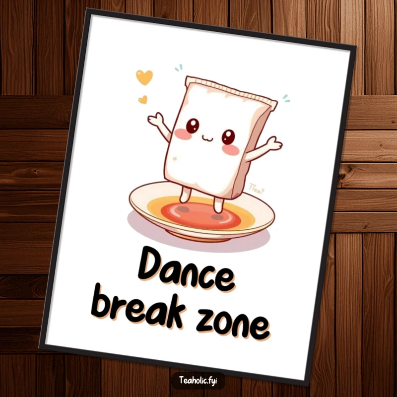 Funny kawaii tea bag character dancing happily on a saucer, cute and funny wall art.