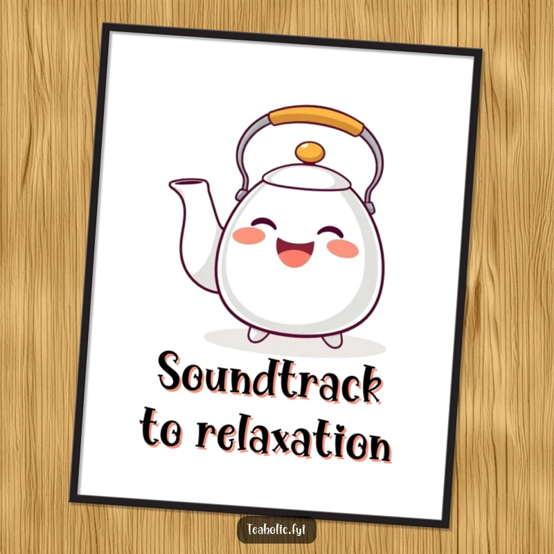 Funny tea kettle poster depicting a happy character whistling musically, a joyful and funny gift.