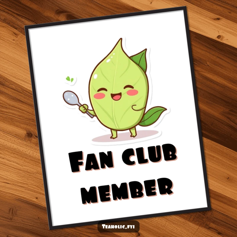 Funny smiling tea leaf character fanning itself with a tiny spoon, refreshing and funny poster art.