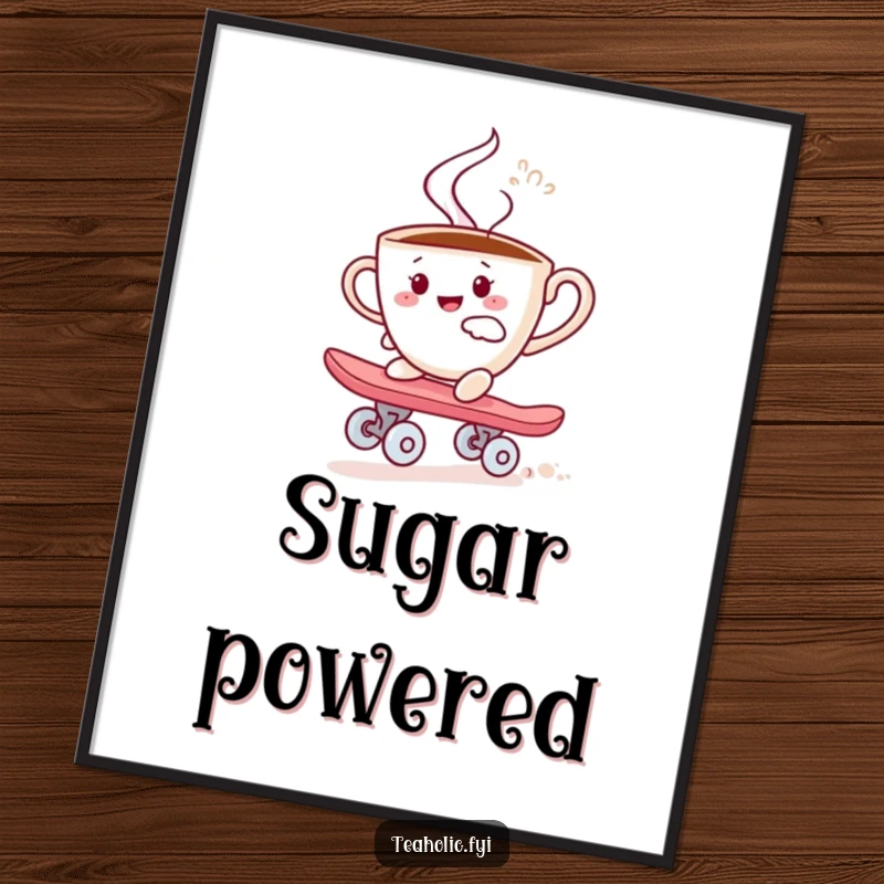 Funny poster depicting a steaming teacup character joyfully skateboarding on a sugar cube, creating a vibrant and humorous display.