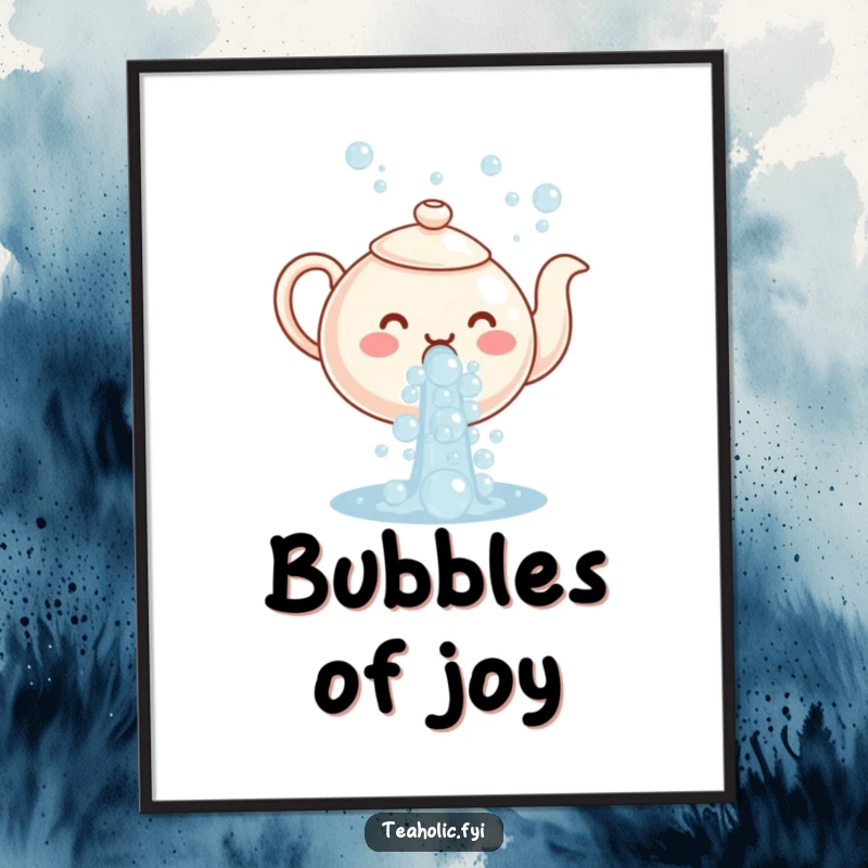 Funny poster art depicting a teapot character joyfully pouring a large cascade of shimmering, effervescent bubbles, pure delight.