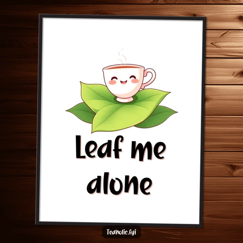 Funny teacup character floating happily on a giant tea leaf, whimsical and funny poster art.