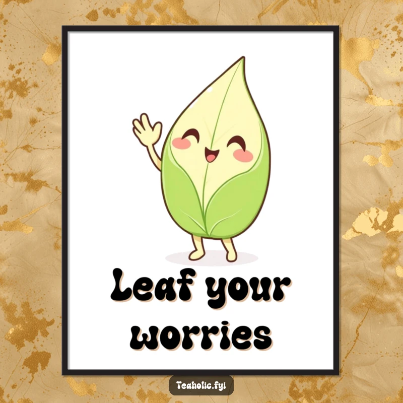 Funny waving tea leaf poster, a smiling character enthusiastically waving hello, cheerful and humorous wall art to brighten any space.