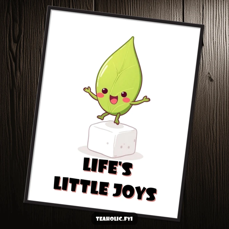 Funny tea leaf character mid-bounce on a sugar cube, artistic poster print, radiating pure, unadulterated joy and a love for tea.