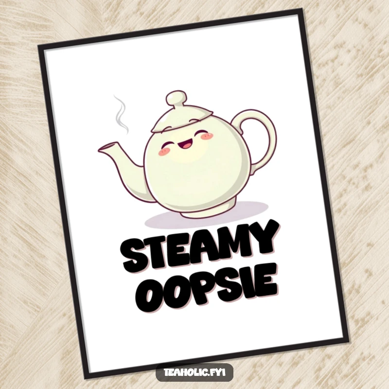 Funny poster depicting a teapot character comically tripping over its own steam plume, creating a humorous and artistic display.
