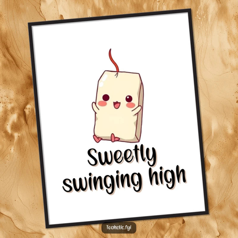 Funny poster print of a tea bag character executing a comical swing attempt from a sugar cube, adding humor to any room.