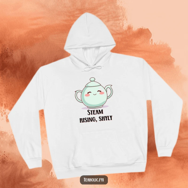 Funny hoodie featuring a shy teapot character blushing, perfect for cozying up and embracing a bashful demeanor.