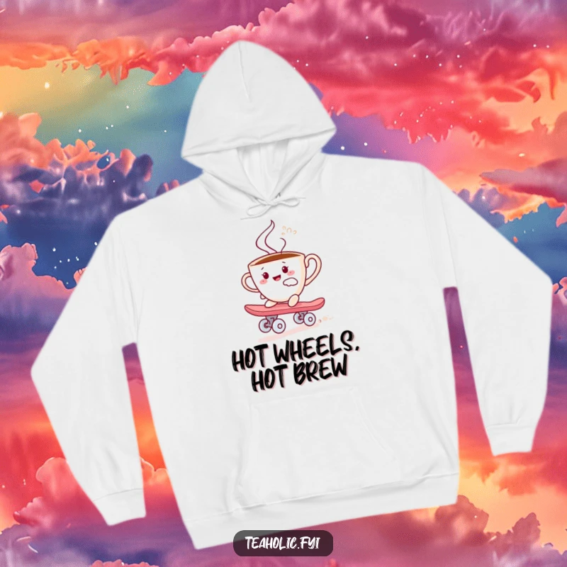 Funny hoodie depicting a steaming teacup character joyfully riding a sugar cube like a skateboard, designed for humorous warmth.