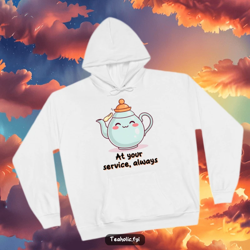 Funny teapot hoodie with a character wearing a hat and saluting, ideal for warmth and as a funny gift.