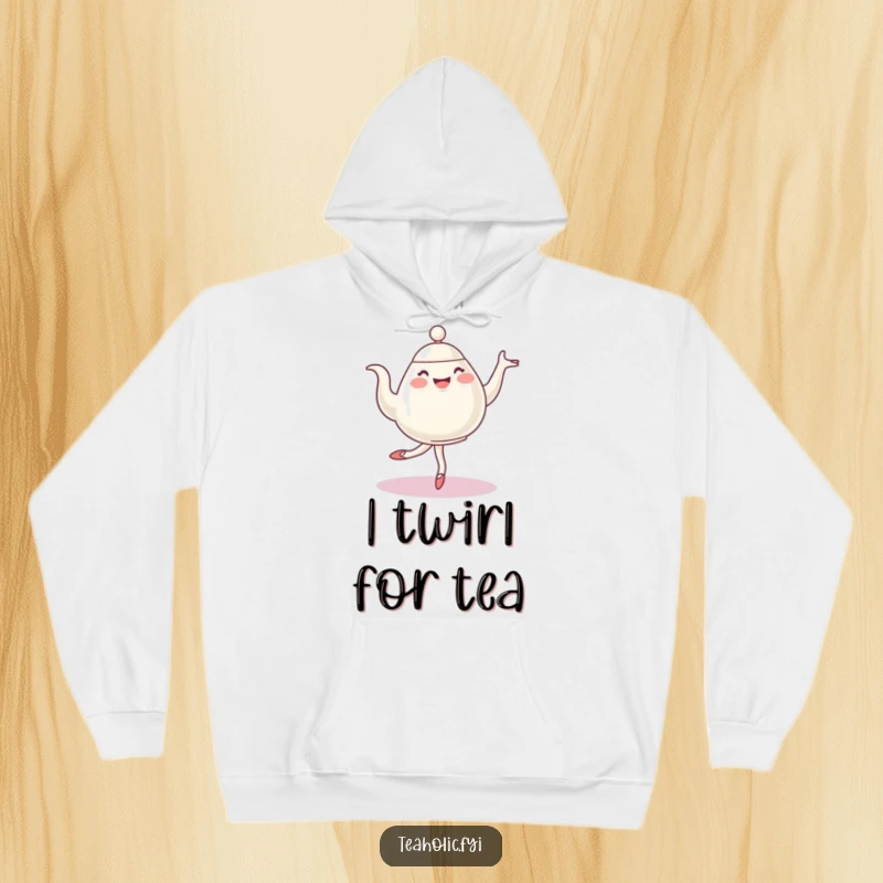 Funny ballet teapot hoodie, a cheerful character performing an elegant pirouette, designed for warmth and humorous tea-appreciation.