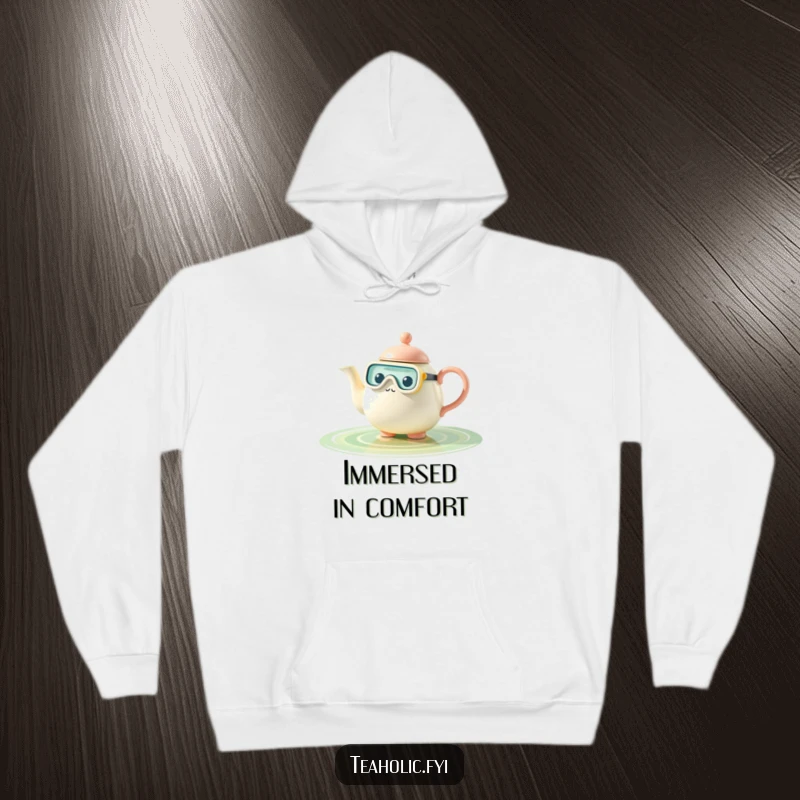 Funny teapot hoodie, character snorkeling in tea pool, cozy and adventurous design, perfect funny gift.