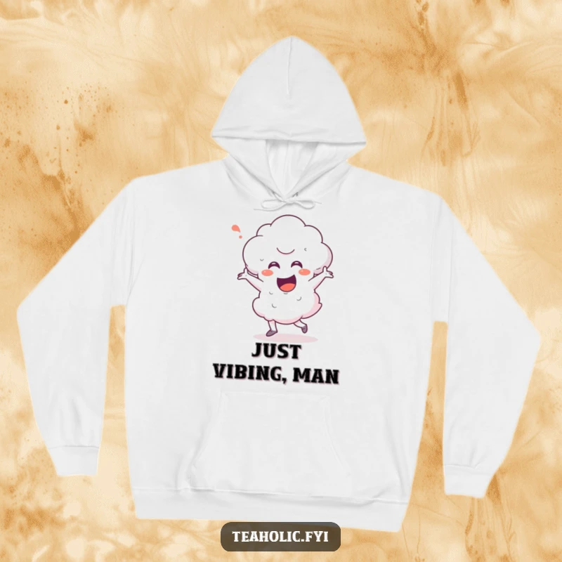 Funny steam cloud character in a dynamic happy dance, featured on a cozy hoodie for ultimate comfort and humor.