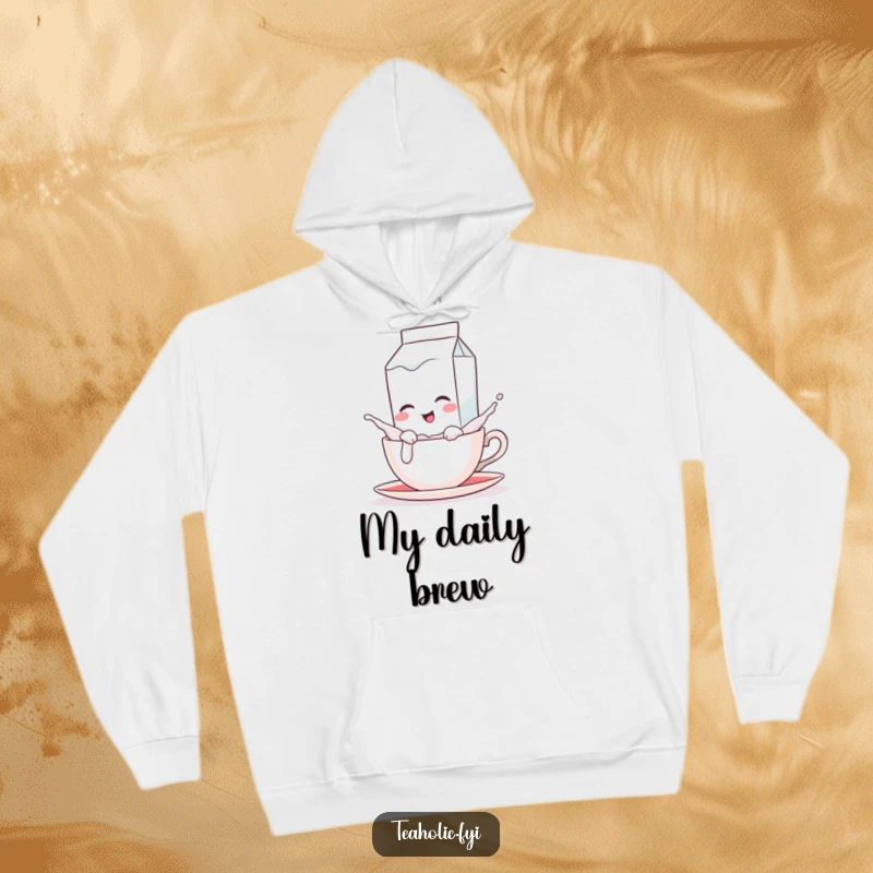 Funny hoodie featuring a winking milk carton character playfully splashing into a teacup, perfect for cozy fun.
