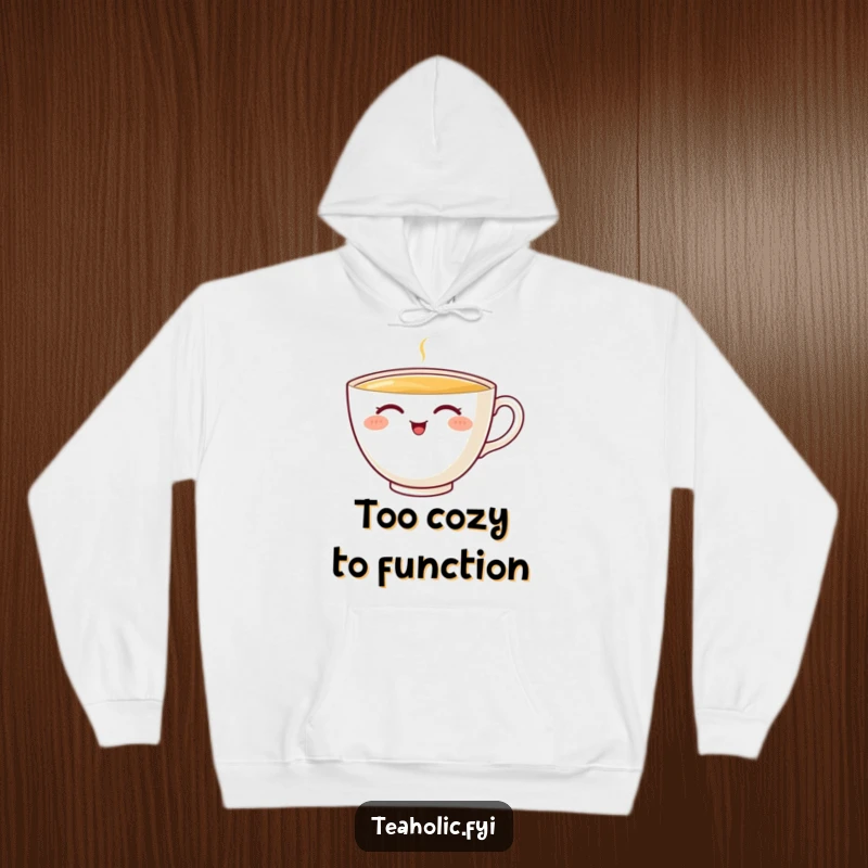 Funny teacup hoodie showcasing a cheerful character enjoying a sip, radiating happiness, an ideal funny gift for comfort.