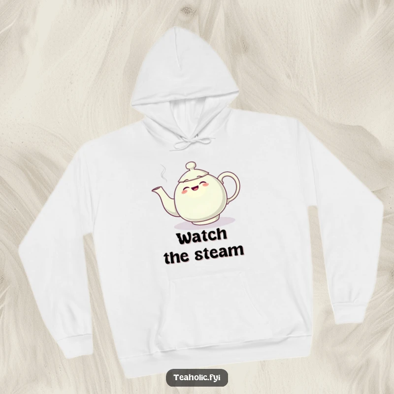 Funny hoodie depicting a teapot character comically tripping over its own steam plume, designed for humorous warmth.