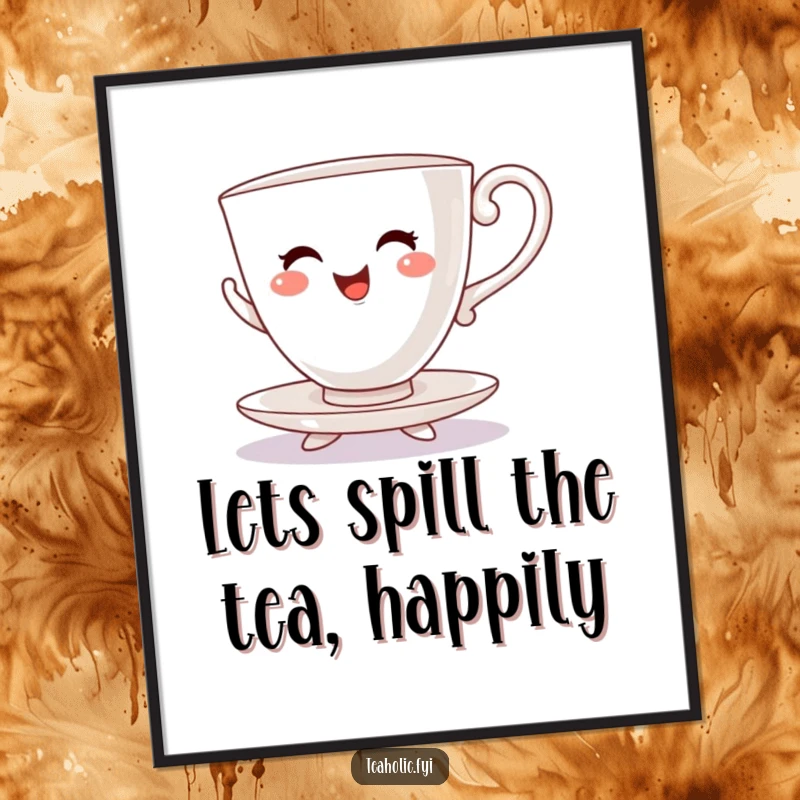Funny Free Printable Wall Art: A cheerful teacup character with saucer feet joyfully dances a lively jig.
