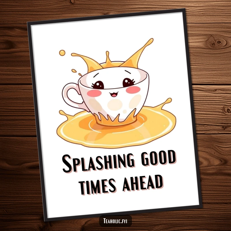 Funny free printable wall art of a teacup character playfully splashing around in a puddle of tea.