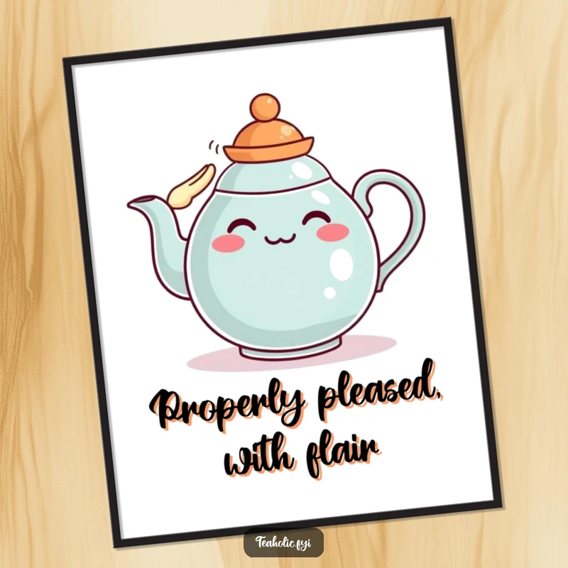 Funny Free Printable Teapot Wall Art: A distinguished teapot character wearing a tiny hat and saluting proudly, exuding sophistication and humor.