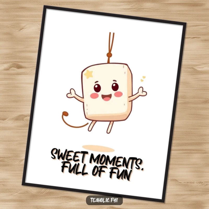 Funny Free Printable Wall Art depicting a jovial sugar cube character in mid-bounce on a teabag string with infectious energy.