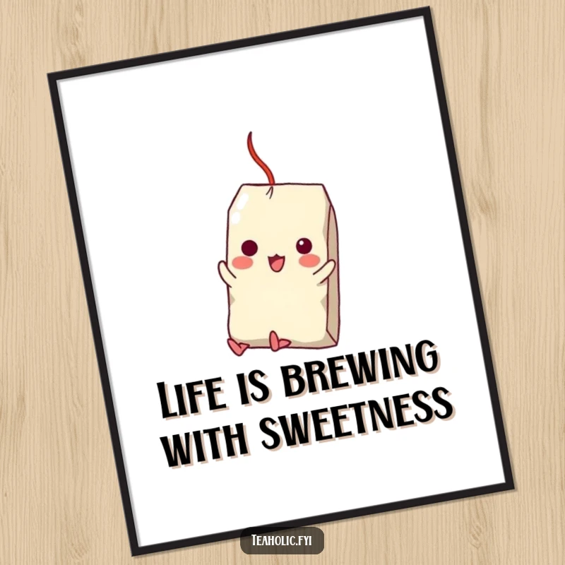 Funny Free Printable Wall Art: Tea bag character attempts a daring swing from a sugar cube, a humorous downloadable decor piece.