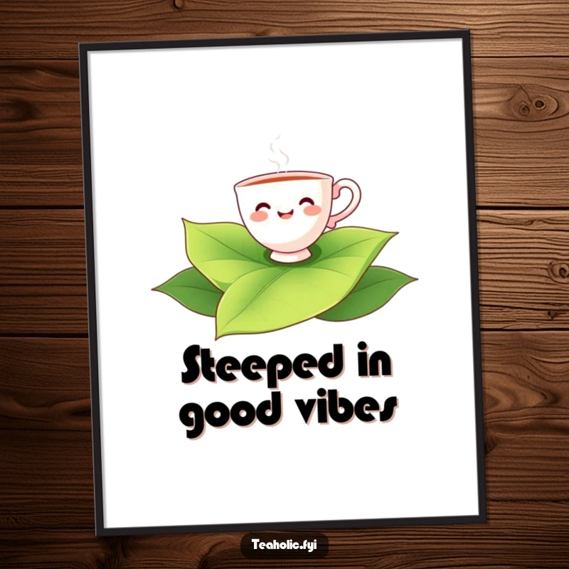 Funny free printable wall art of a cheerful teacup character leisurely floating on a colossal green tea leaf.