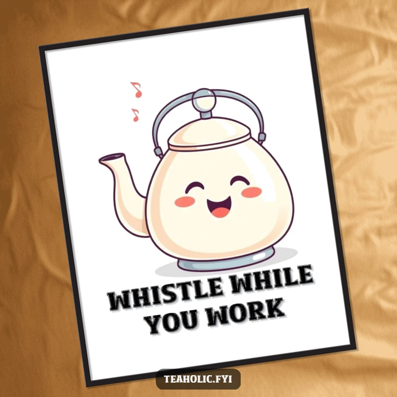 Funny free printable wall art of a smiling tea kettle whistling a bright and happy tune.