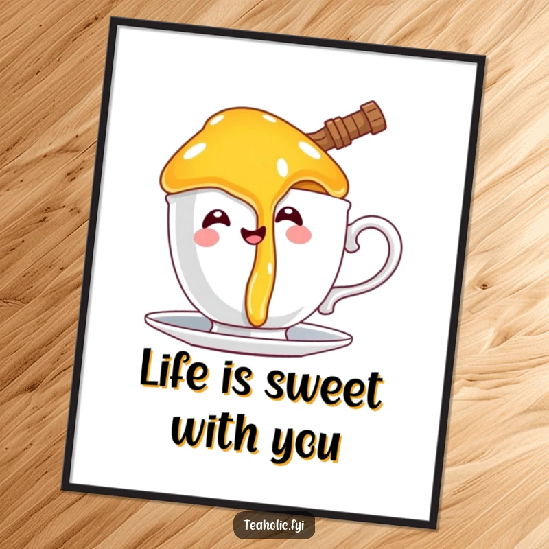 Funny Free Printable Wall Art: A happy honey pot character comically dripping honey onto a teacup handle, a sweet and funny kitchen decoration.