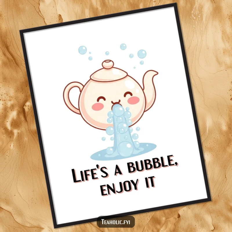 Funny free printable wall art of a happy teapot character joyfully pouring a delightful cascade of effervescent bubbles, adding cheer.