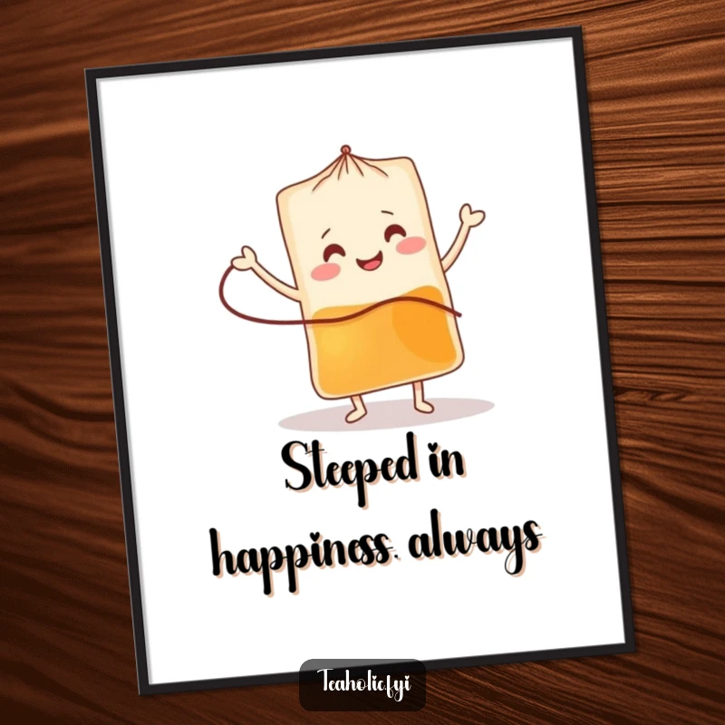 Funny Free Printable Tea Bag Wall Art: A smiling tea bag character performing an energetic jig, bringing a lively and cheerful vibe to the art.