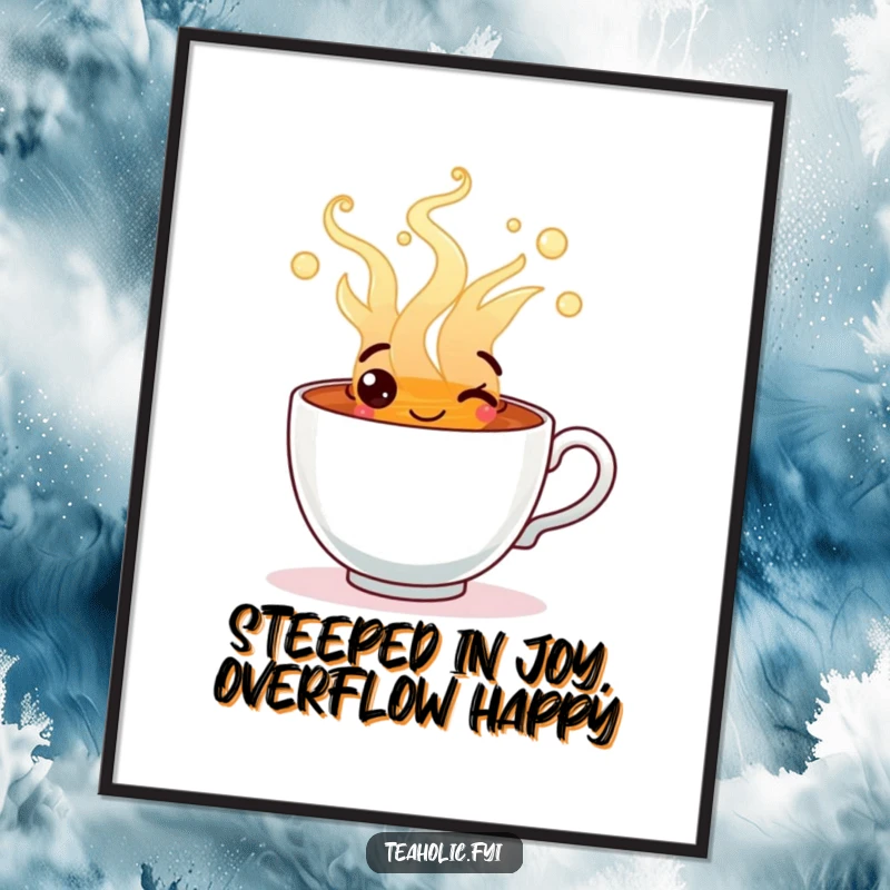 Funny Free Printable Wall Art: Happy Tea Cup character joyfully overflowing with steaming, cheerful tea, bringing cozy vibes.